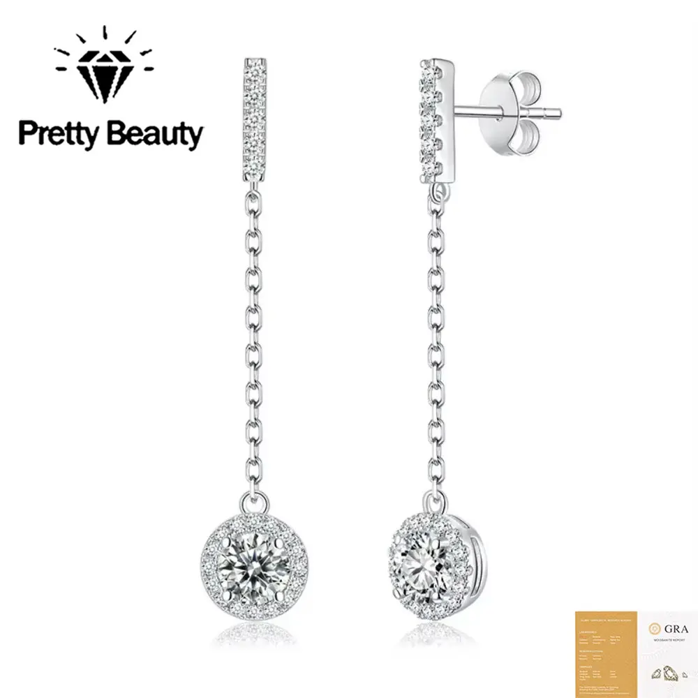 Pretty Beauty 1CT Moissanite Linear Drop Earrings for Women 925 Sterling Silver Diamond Halo Pendant Earring Dainty Jewelry Gift