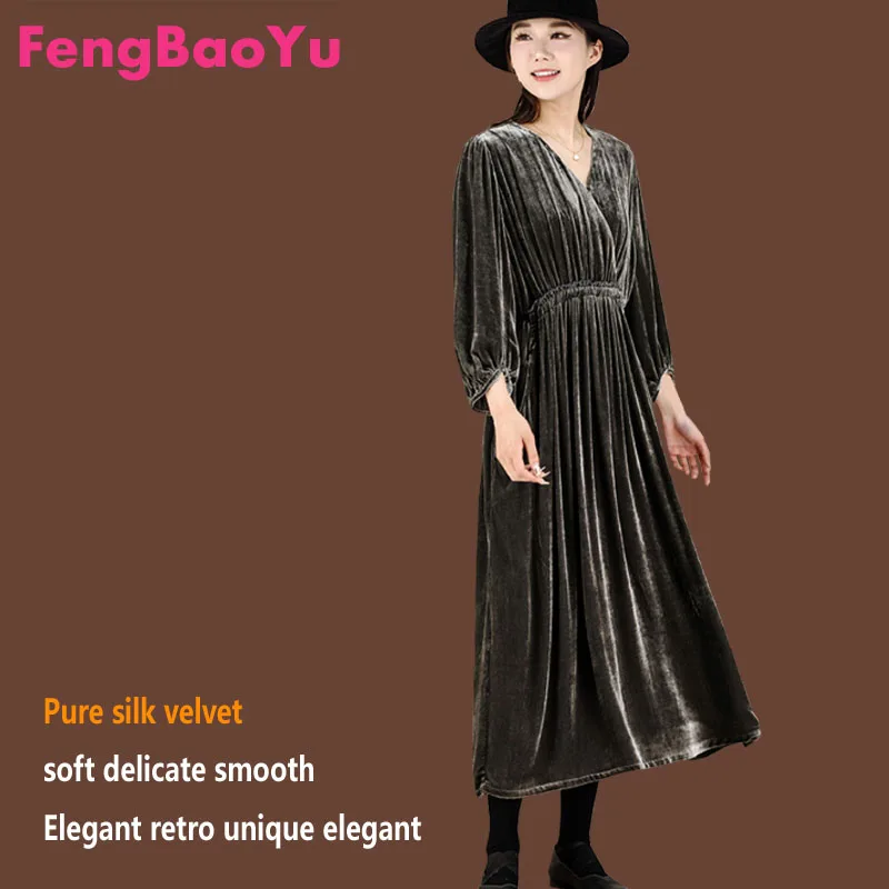 Women's Silk Velvet Long Sleeve Dress, V-Neck, Drawstring, Vintage, Temperament, Elegant, Outdoor, Casual, Spring, Autumn