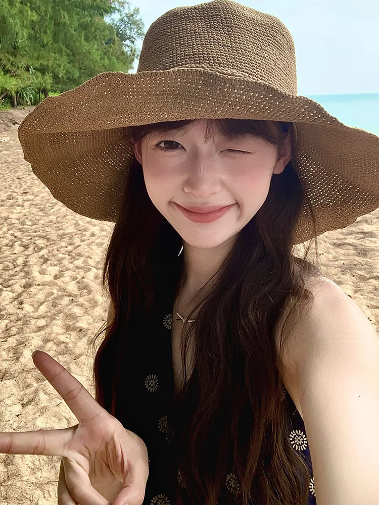 Handcrafted Straw Hat Women's Summer Beach Sand Simple  Color Foldable Large Brim Sunshade Hat Casual round Top Style