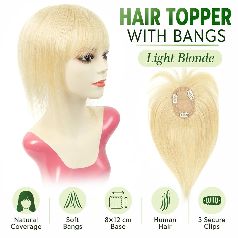 Blonde Real Human Hair Topper 8-14 Inches Clip-In Hair Toppers with Bangs 08X12 Natural Straight Hair for Women Add Hair Volume