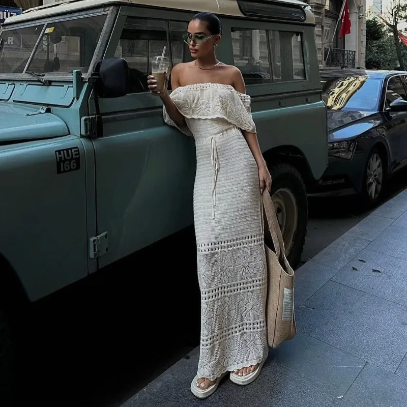 

2025 New European Lazy Style Off Shoulder Slim Knit Dress With Waist Tie