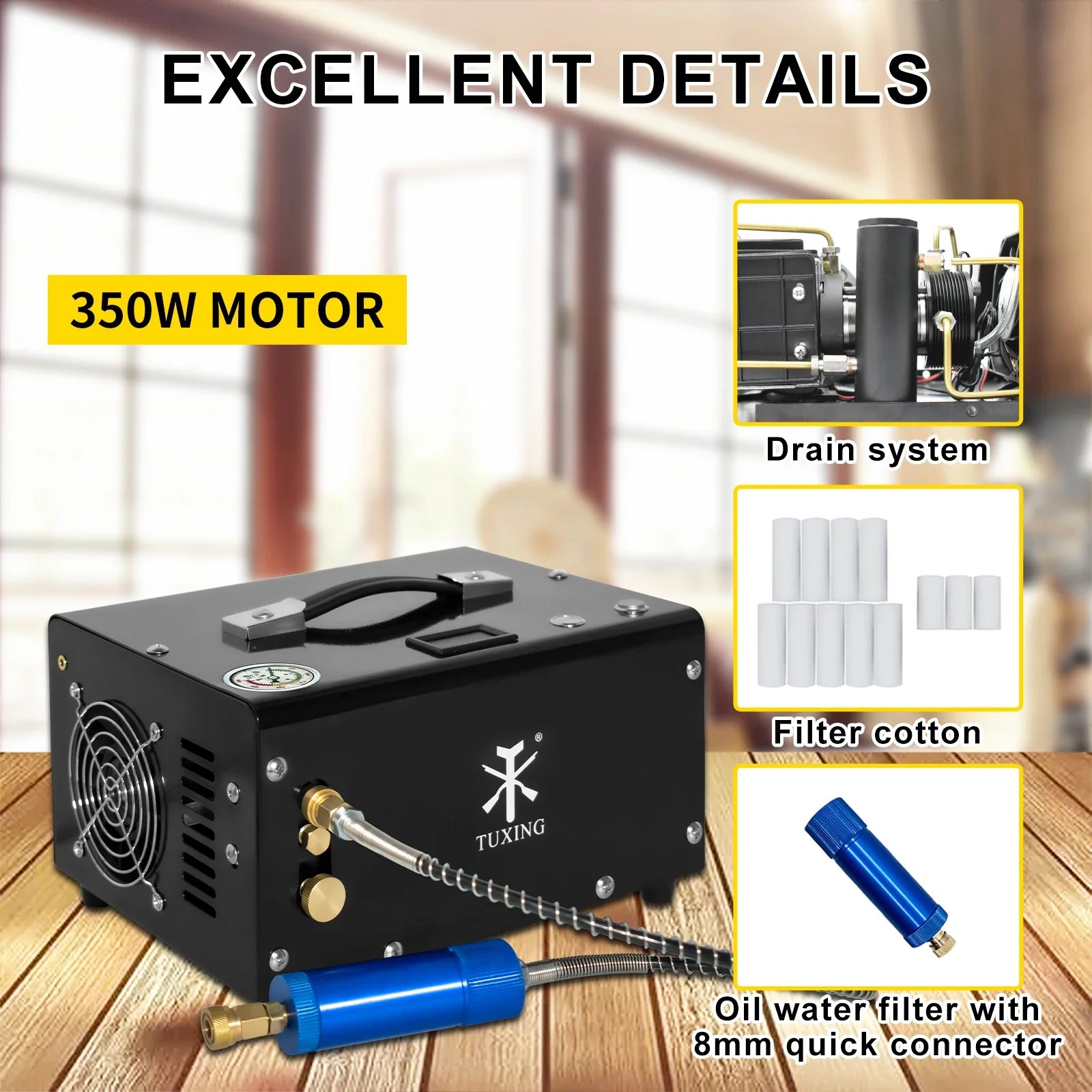 TUXING 300Bar PCP Air Compressor 4500Psi High Pressure Portable Compressor with Car 12V Power Supply for Scuba Diving Air Rifle