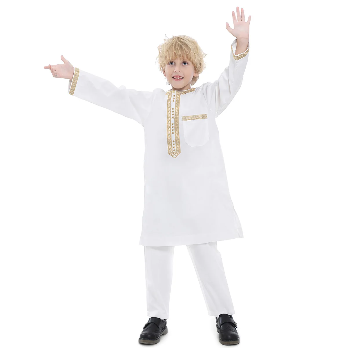 Muslim Muslim Arab Boy Thobe Children Abaya Ramadan Jubba Thobe Dress Pant Set 2 Piece Caftan Robe Kaftan Musulman Ensembles