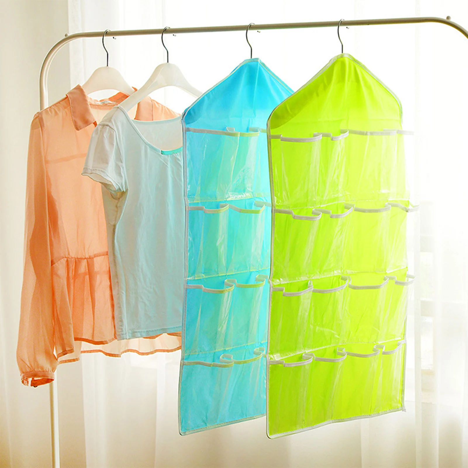 16 شبكة واضحة معلقة صندوق تخزين ملابس حقيبة شفافة خزانة الغسيل جيب حقيبة للمنزل خزانة منظم شماعات لا تشمل