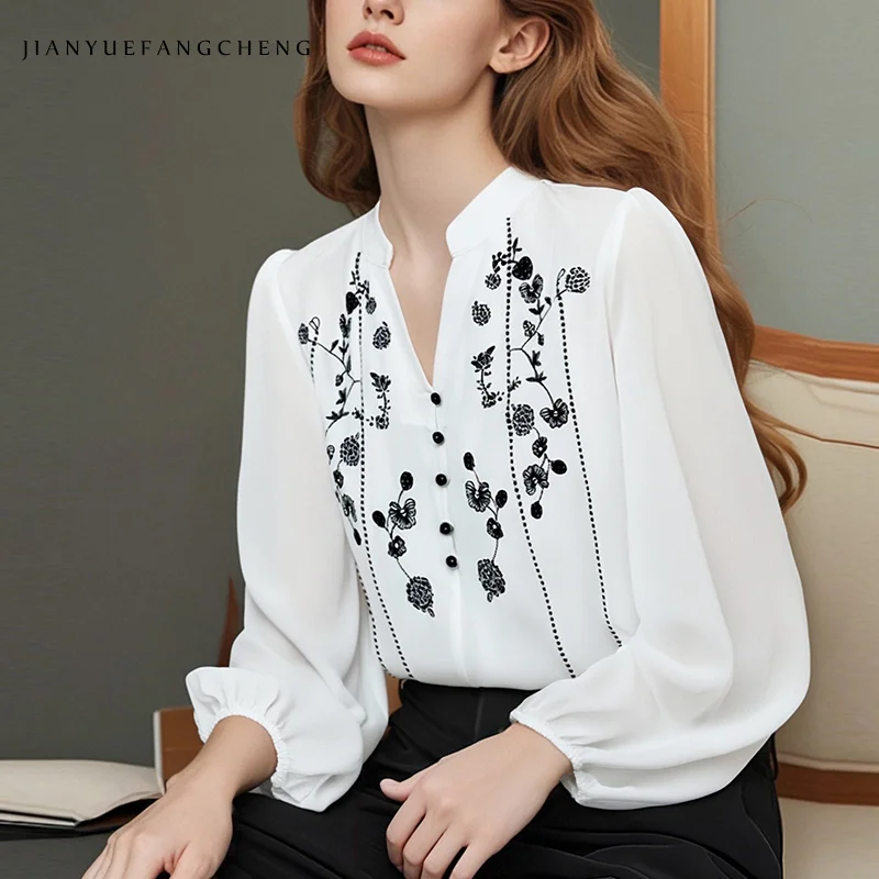 

2025 Spring French Style Embroidered Chiffon Blouse for Women - Lightweight V-Neck Lantern Sleeve Top, Elegant See-Through Shirt