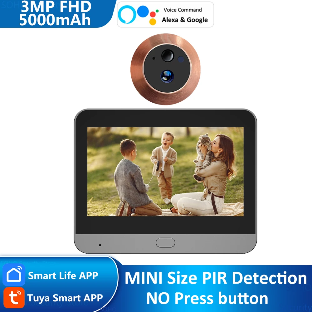 Mini Digital Peephole Eye Viewer, Wi-Fi, Campainha PIR, Câmera de Visão Noturna Infravermelha, Visão Remota, Alexa, Google, Tuya Smart Life APP, 3MP