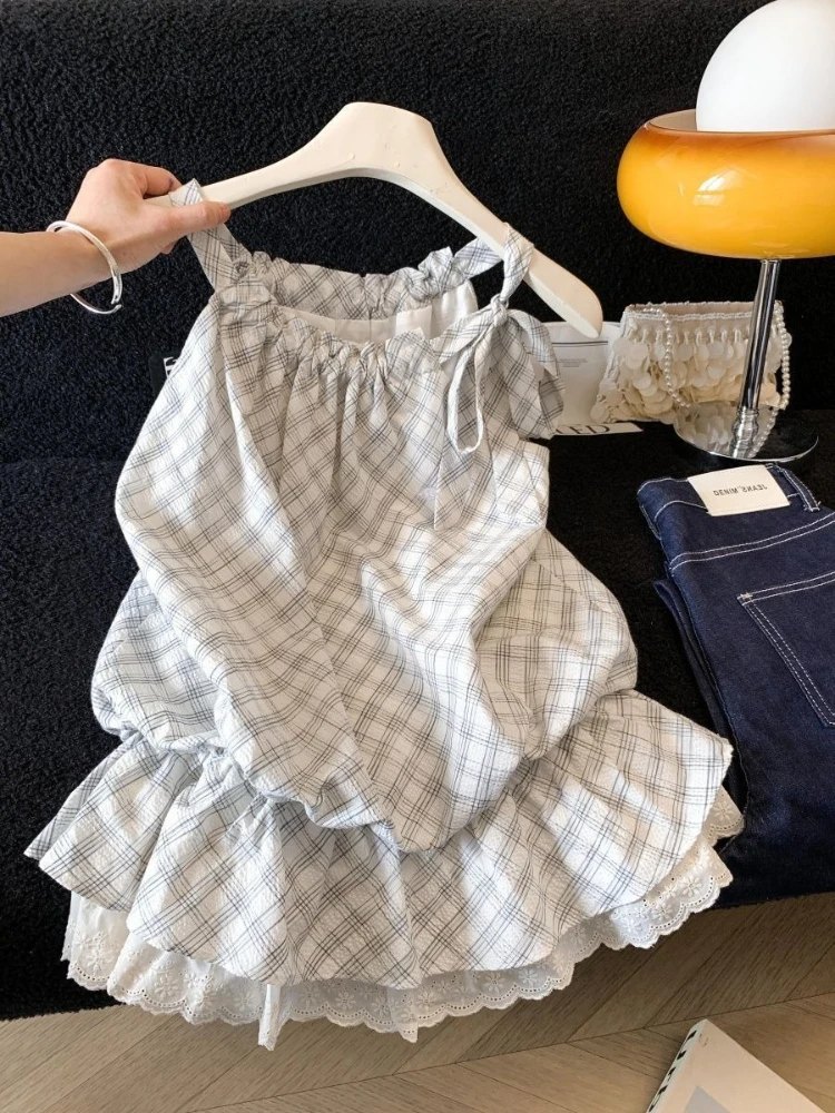 Y2k Vintage Plaid Strap Top Women Casual Bodycon Korean Retro Halter Camisole Gentle Lace-up Spring Patchwork Summer 2026