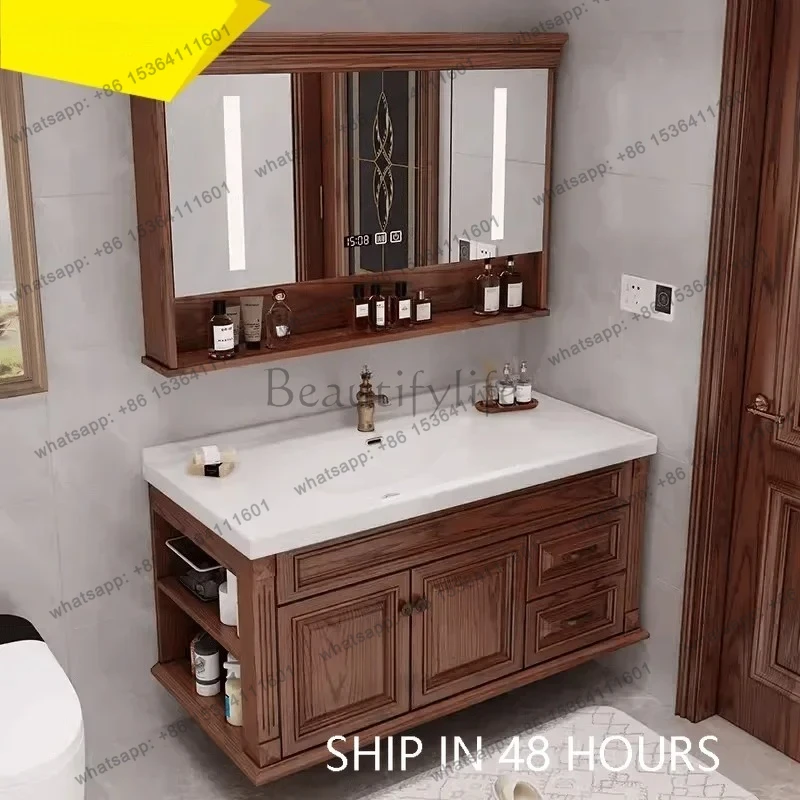 American Red Oak Integrated Ceramic Basin Bathroom Cabinet Solid Wood Wash Basin Cabinet Smart Bathroom Wall Cupboard