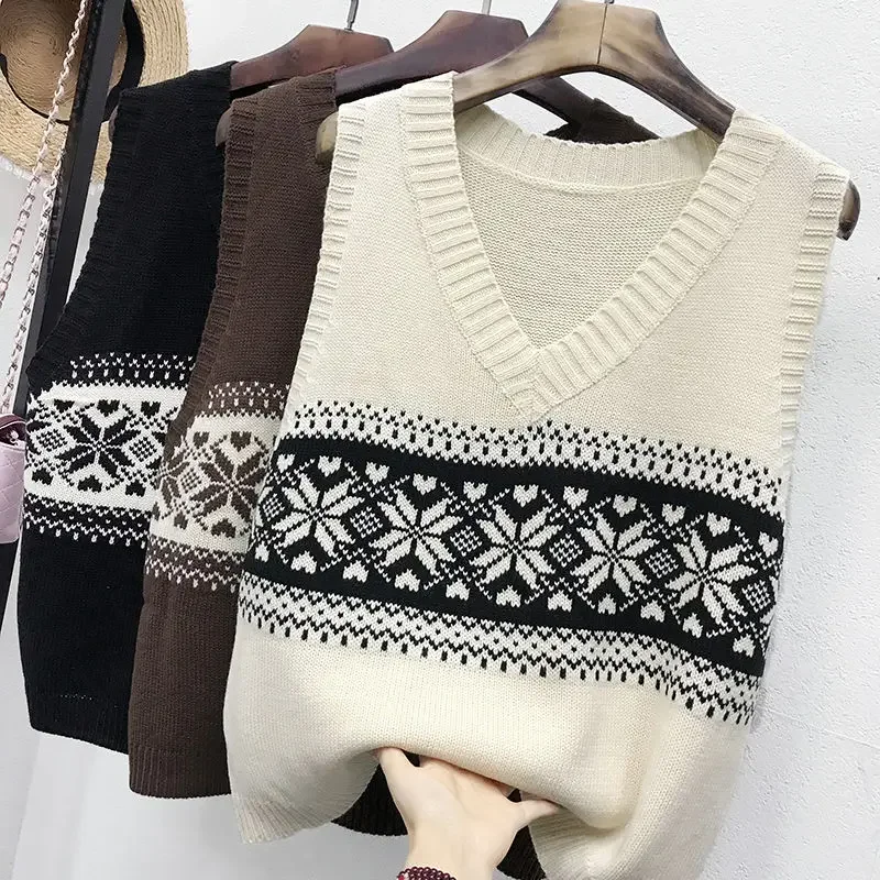 Suéter sin mangas para mujer, chalecos sencillos y holgados de punto Vintage con estampado de ocio, ropa de calle elegante BF que combina con todo, Harajuku Y2k Ins Popular