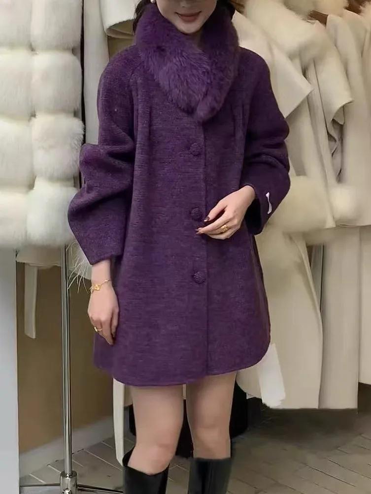 

Thiened Woolen Coat for Women Purple Winter Long Single Button Design with Fur Collar Medium Length Cleanfit Sle