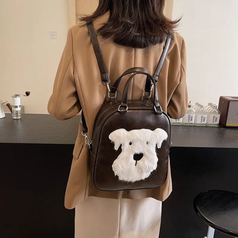 JIAERDI Cute Plush Puppy Backpack Women Leather Large Capacity Tote Bag Ladies Retro Multi Functional Travel Mochilas Mujer 2025