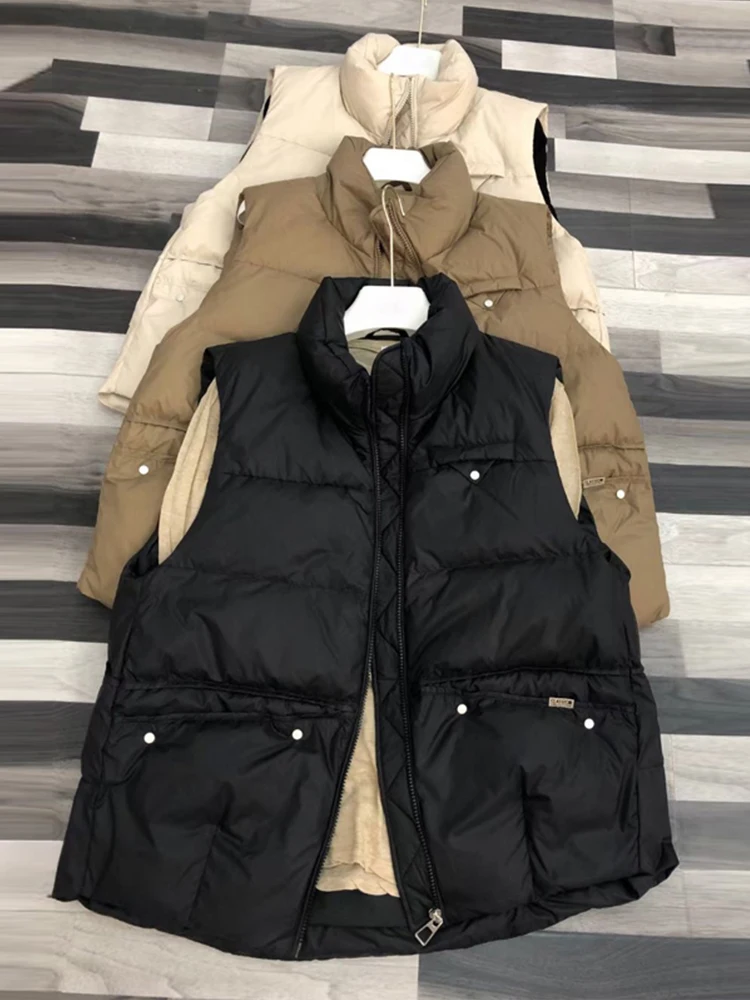 FTLZZ-Manteau en Duvet de Canard Blanc pour Femme, 90% Duvet de Canard, Décontracté, Col Montant, Poches à Fermeture Éclair, Vêtements d'Extérieur Solides, Hiver