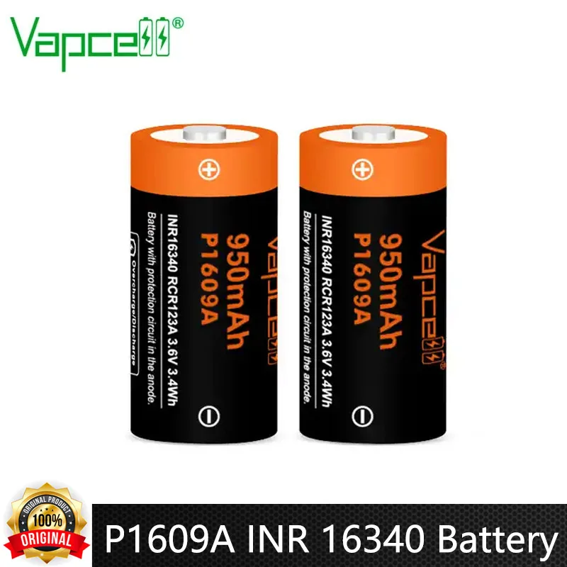 Original Vapcell P1609A INR 16340 Battery 950mAh 3A 3.6V Rechargeable Li ion Batteries Button Top For Flashlight Power Tools