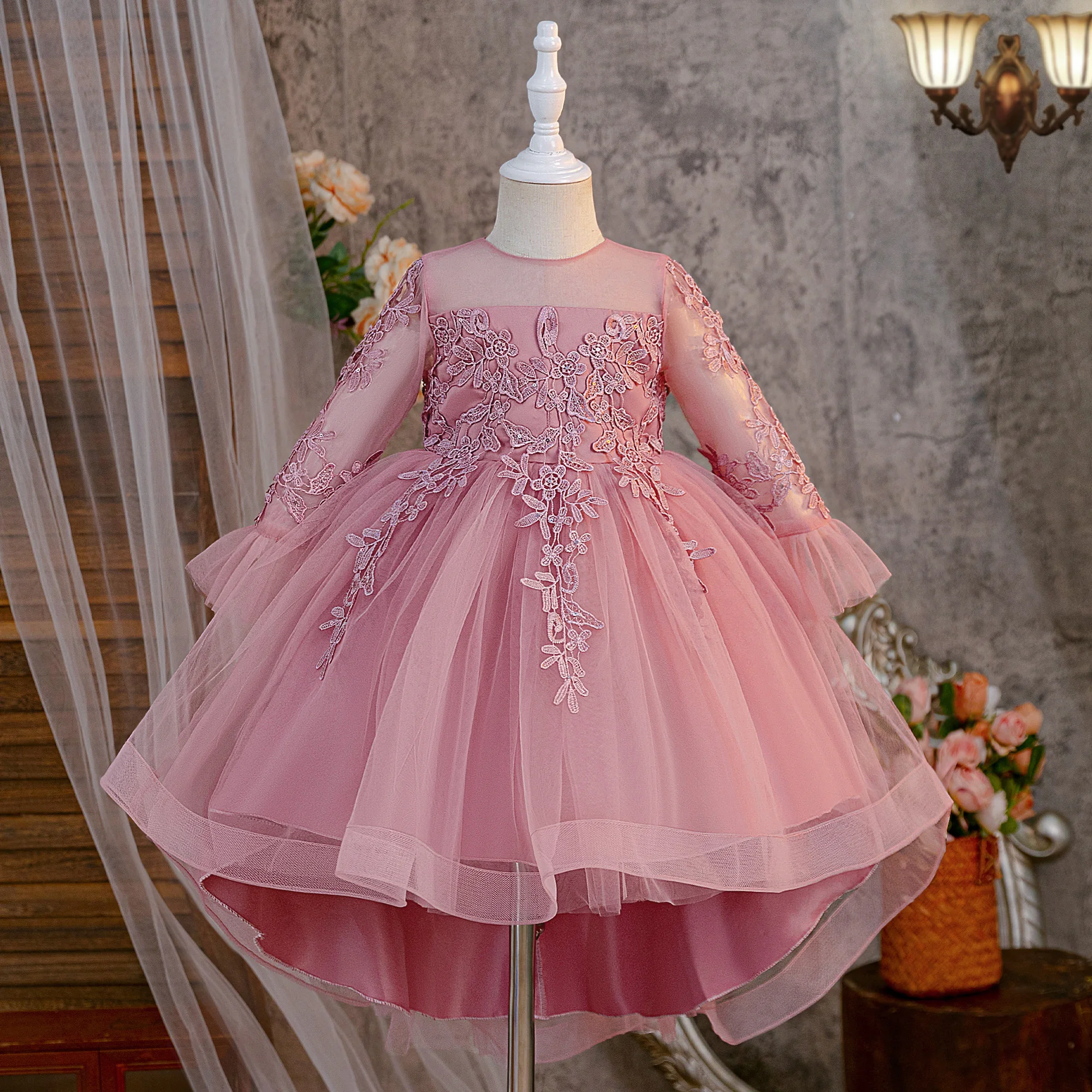 Langarm Stickerei Brautjungfer Party Mädchen Kleid Elegante Hochzeit Prinzessin Kleider Mädchen Schleife Geburtstag Taufe Abend Abendkleid