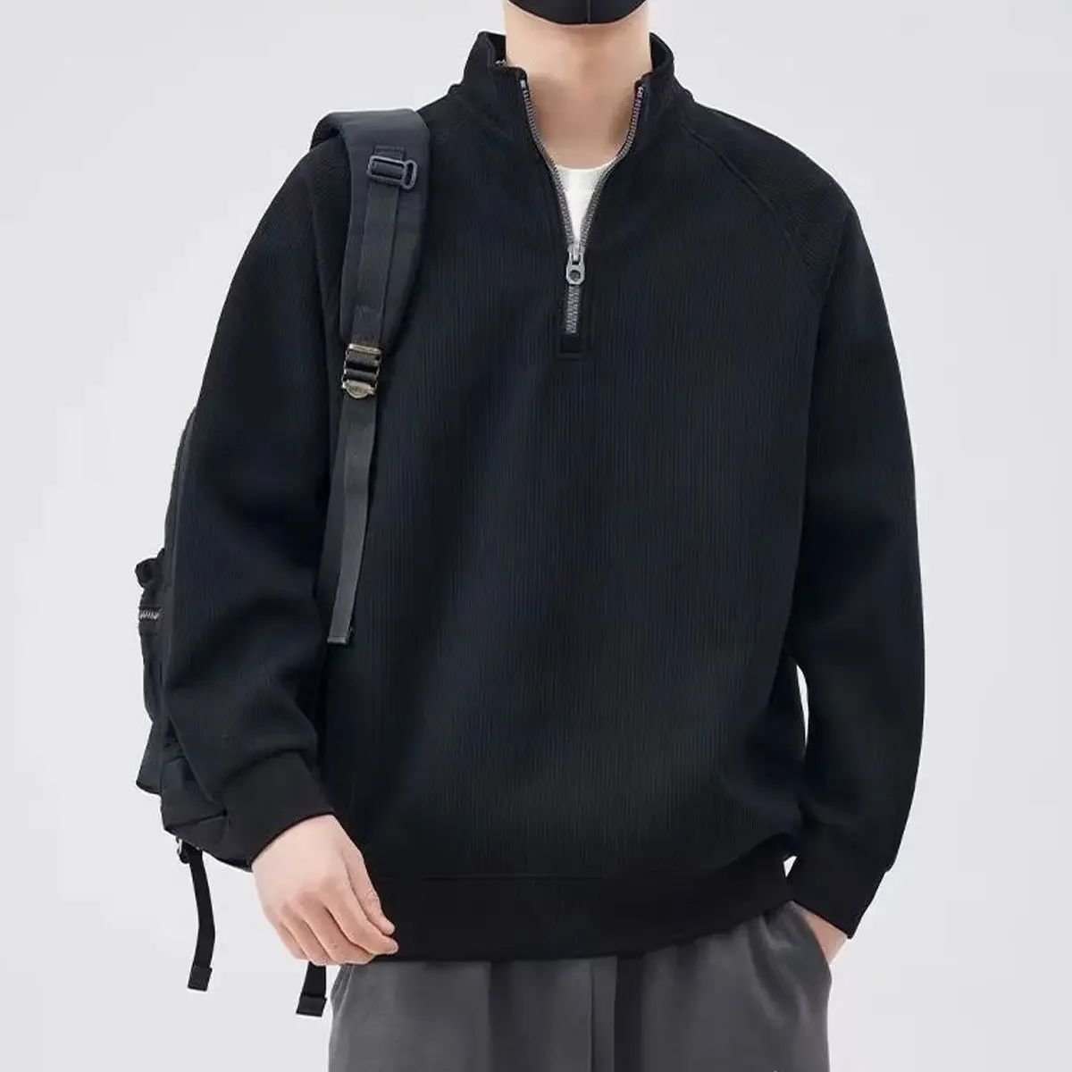 سويت شيرت بقلنسوة للرجال فضفاض مناسب بنصف سحاب ملابس خارجية غير رسمية بياقة واقفة وطبقة أساسية لربيع الخريف ملابس خروج عصرية #2