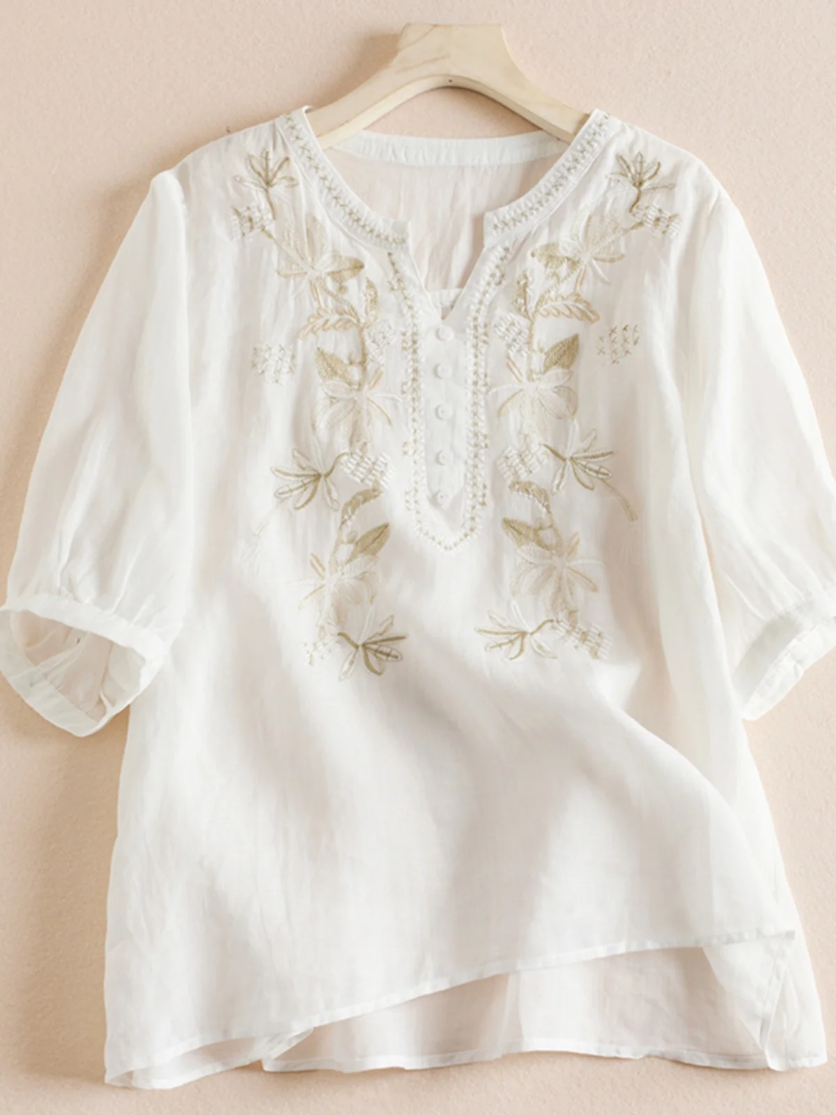 레트로 예술적 코튼 린넨 자수 루즈 캐주얼 탑 얇은 브이넥 통기성 여성 여름 패션
