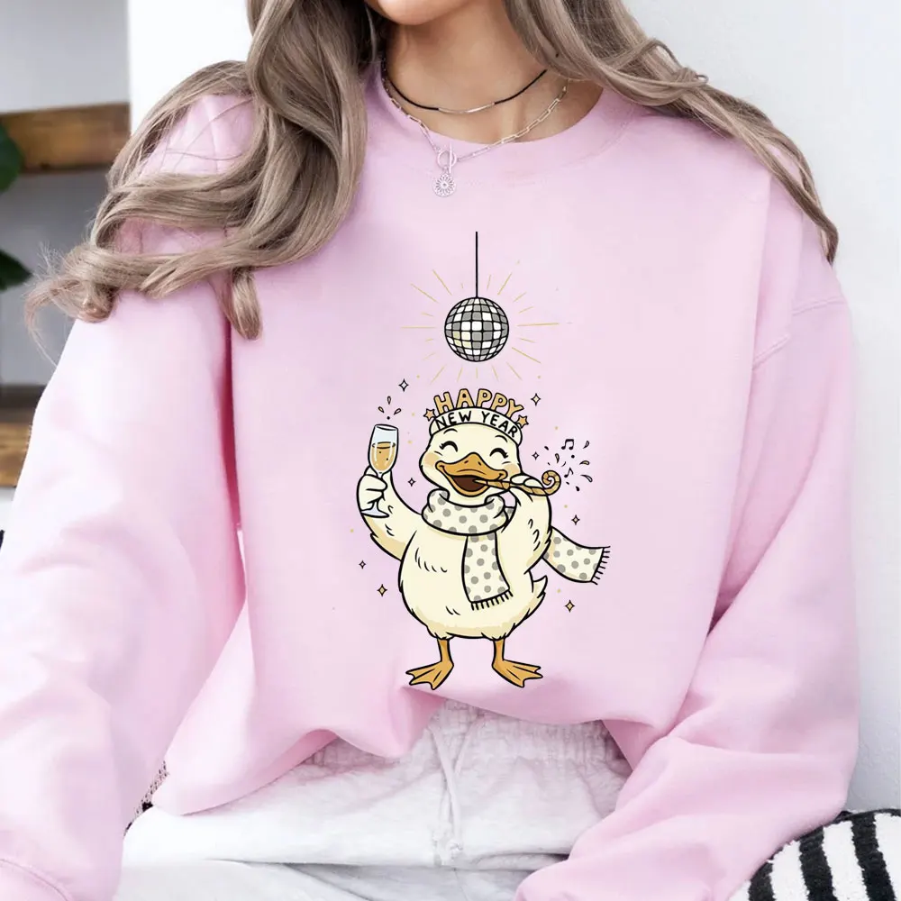 

Свитер на канун Нового года, забавный гусь с шампанским, диско-шар, блестящие женские толстовки, 2026, подарок на Новый год, зимняя толстовка