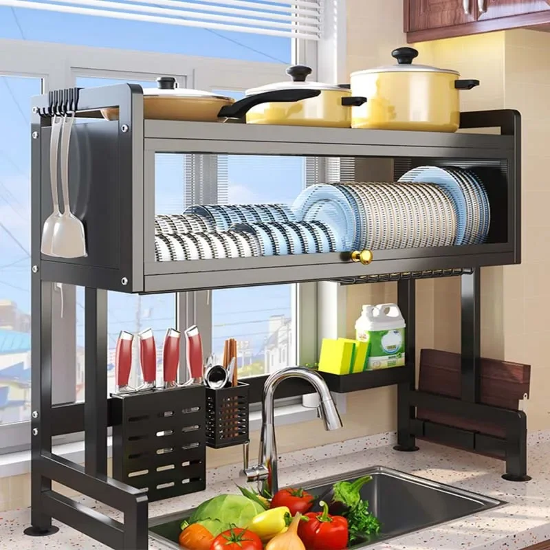 

Kitchen Sink Storage Cupboard Countertop Sink Cabinet Door Rack Dust-Proof Dish Cutlery Cutting Board Drain Rack Plate Organizer