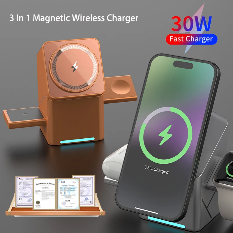 30W 3 in 1 Multi-function Touch Magnetic Wireless Charger Dock for Samsung Huawei Iphone 17 16 15 14 13 12 Max Iwatch Airpods