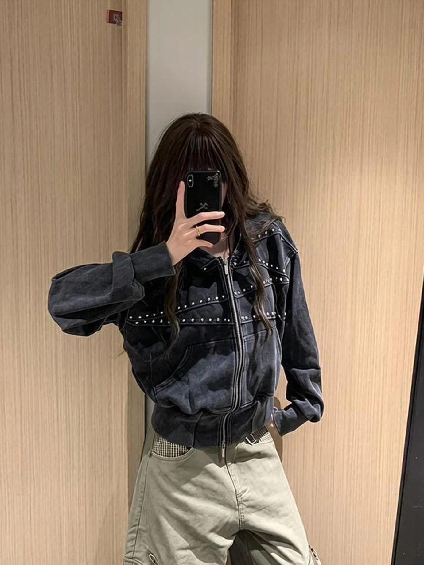 American Style Vintage Washed Waist Cinching Hoodie Women's Design High Street Versatile Open Cardigan Jacket Rivet Decoration