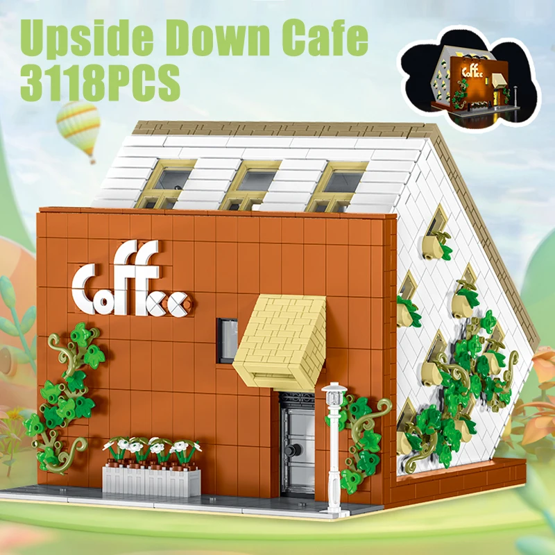 MOC Upside Down Cafe Shop Building Blocks Set con luce Interessante casa Negozio Giocattolo fai da te per bambini Compleanno Regali speciali per il giorno