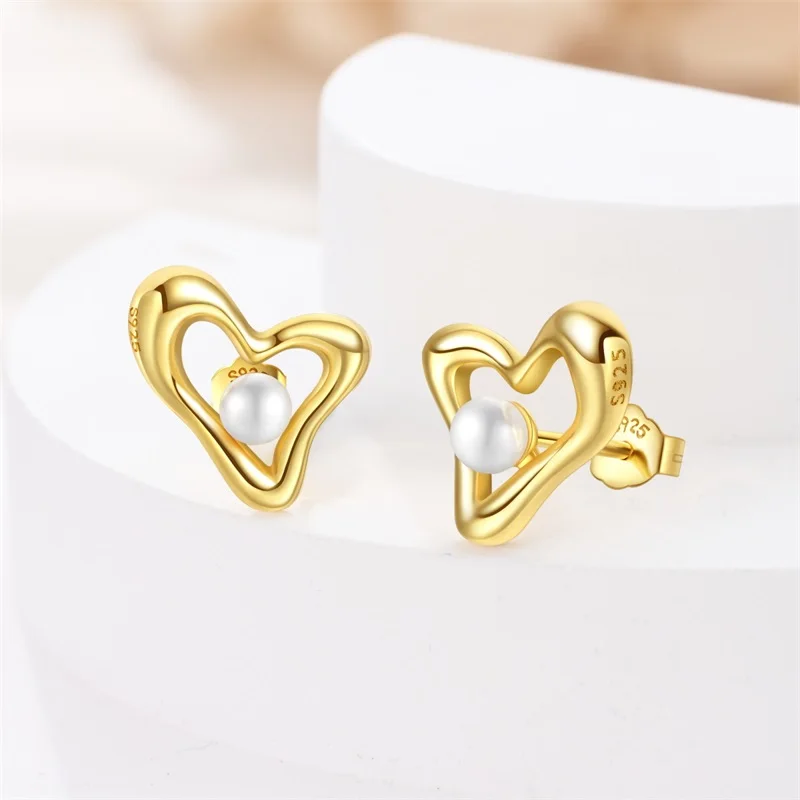 Classic Earrings 925 Silver Sea Pearls Heart Shaped Golden Hoop Earrings For Women Engagement Birthday Proluxy Fine Jewelry Gift