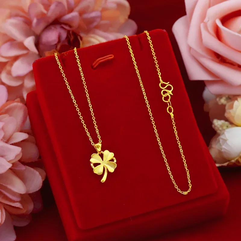 

9999 Real Gold 24K Gold Four-leaf Clover Necklace Women's Imitation Gold Lucky Grass Collarbone Necklace