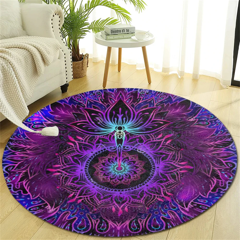 Ayurveda Symbol Of Harmony Balance And Universe Ornate Lotus Flower Boho Print Round Carpet