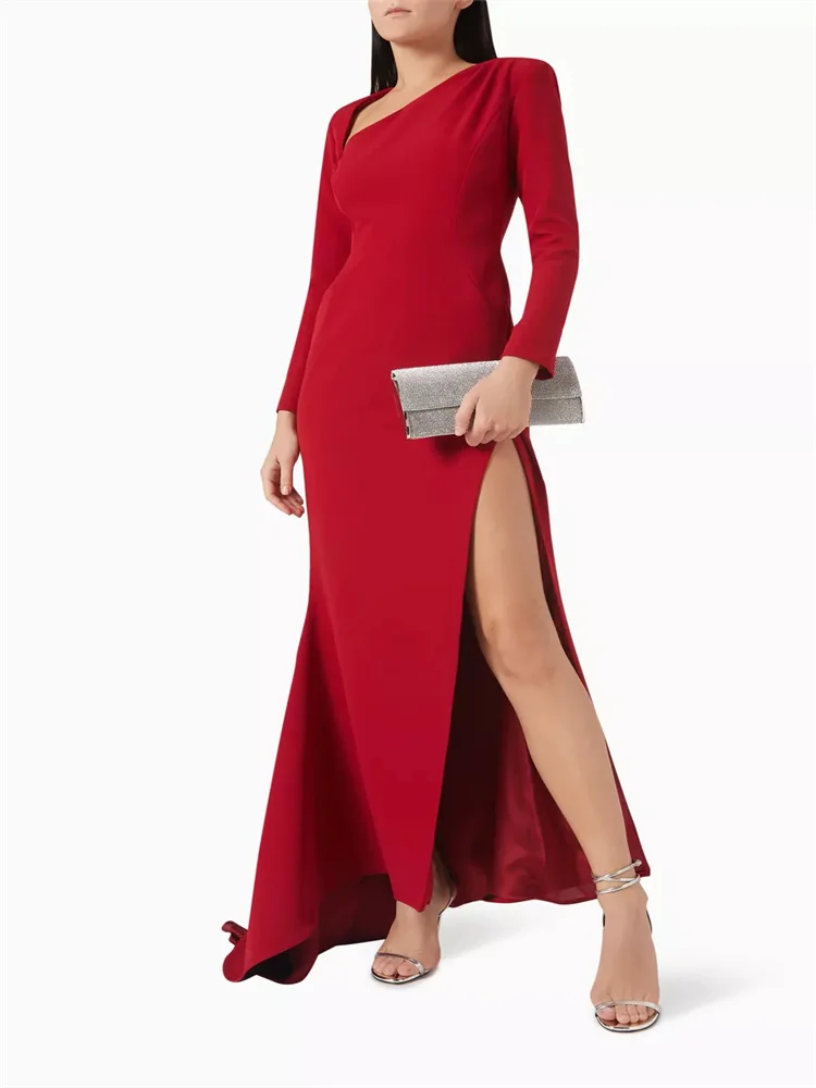 New Arrival Asymmetrical Neckline Straight Evening Dress Elegant Back Zipper Floor Length Thigh High Slit Gown For Women 2024