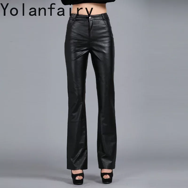 

High Quality Real Sheepskin Leather Pants for Women Spring Autumn2024 Female Flare Pant Women's Trousers Donna Pantaloni Zjt2413