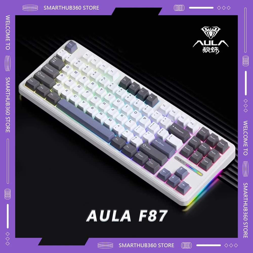 AULA F87 Mechanical Keyboards Tri Mode Keyboards RGB Side Light Hot Swappable for Gamer Grey Wood Switch Wired Space Gold Switch