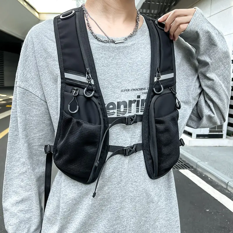 

Trendy Street Black Tactical Cargo Vest for Men's Multi-pocket Lace-up Design Reflective Running Cycling Storage Sleeveless Tops