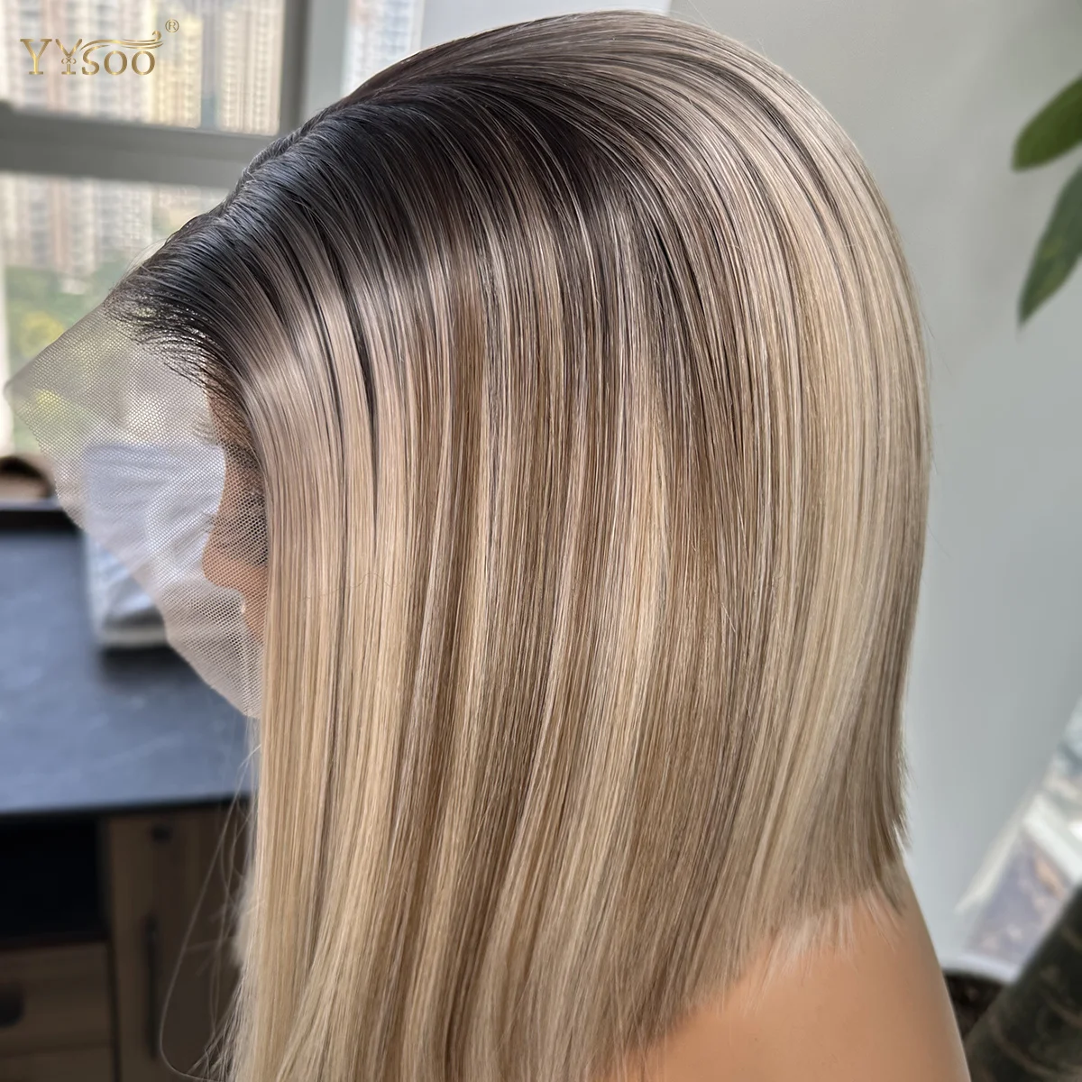 YYsoo Short Ombre Highlight Glueless Straight Futura Hair 13x6 Synthetic Lace Front Bob Wig For Black Women Pre Plucked Hairline