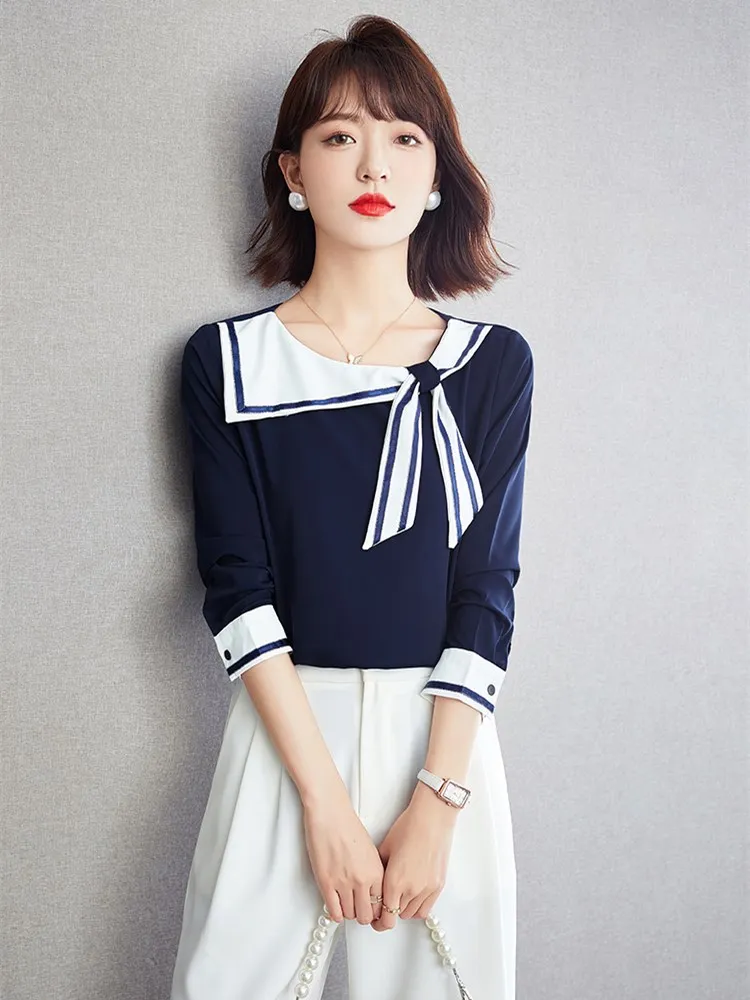 Sailor Collar Bow Long Sleeve Casual Shirt Women Tops Spring Autumn Office Lady Elegant Chic Loose Navy Pullover Blouse C1421