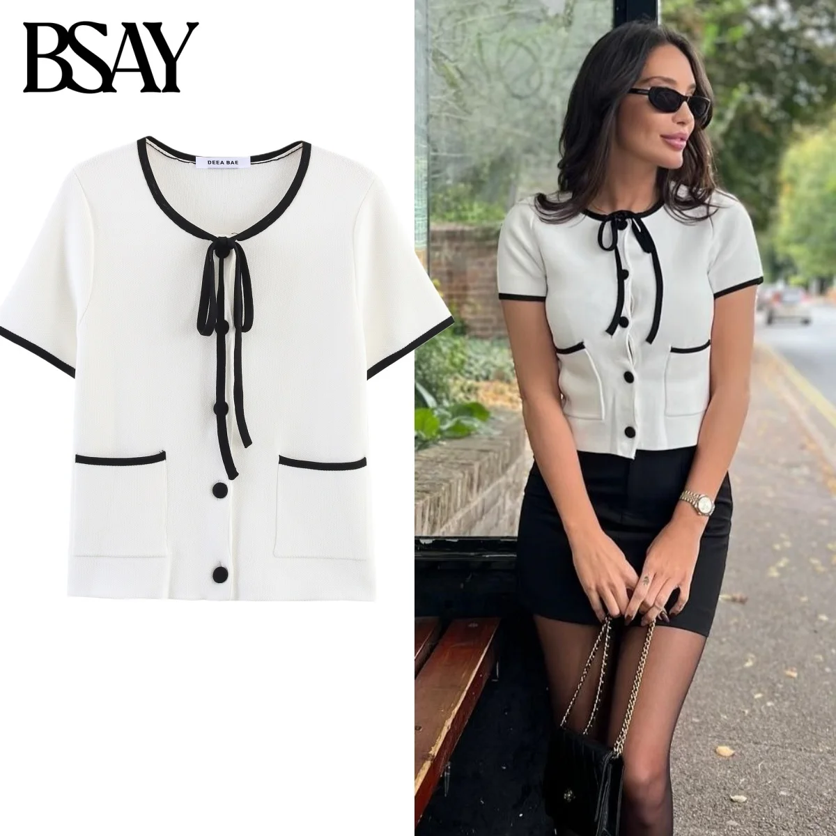 

BSAY Contrasting Color Trimmed Knitted Cardigan Sweater for Women Fashion Autumn Winter Short-sleeved Single Breasted Top Jacket