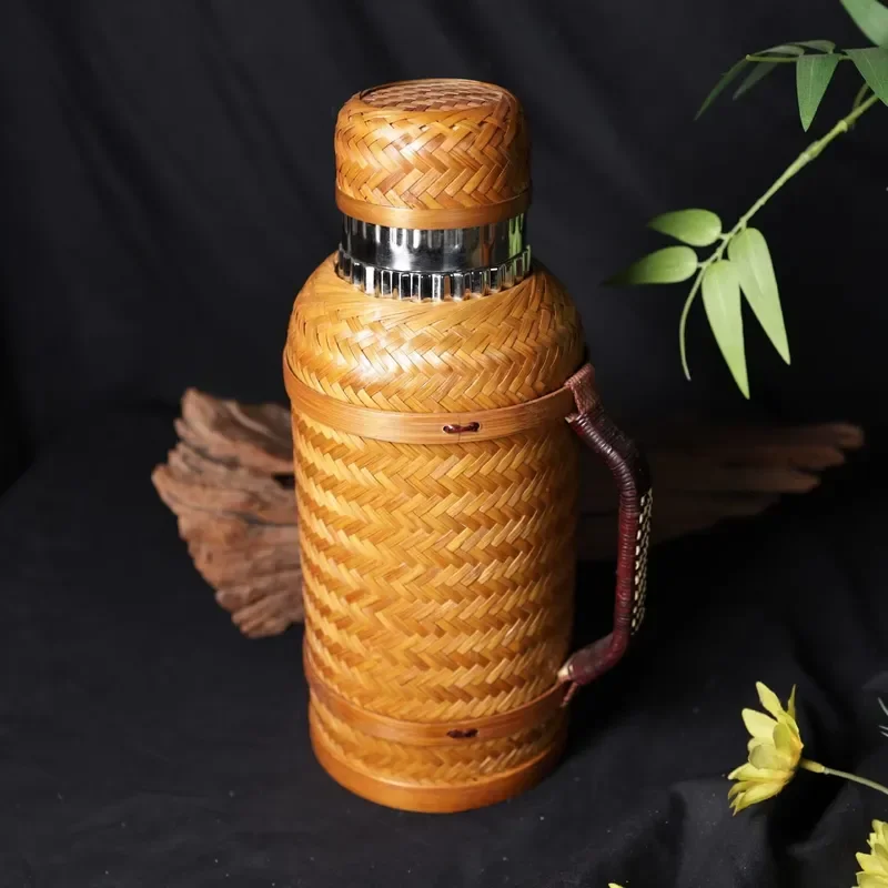 Bamboo woven thermos 1.5L 316 stainless steel vacuum thermos, mechanical temperature display, hotel homestay tea kettle