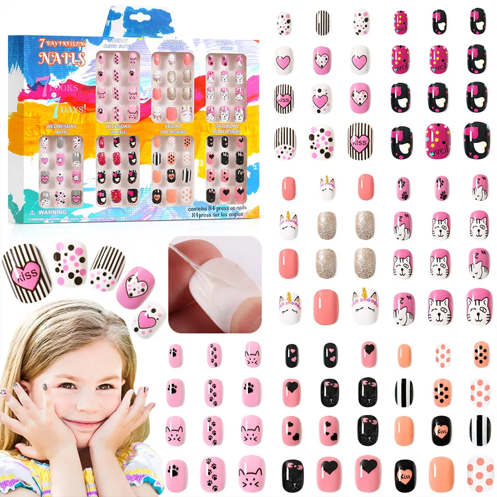 84pcs press on nails for Kids cat heart False Fake Nails Full Cover stick on nails Children Nail Stickers False Nail Decor