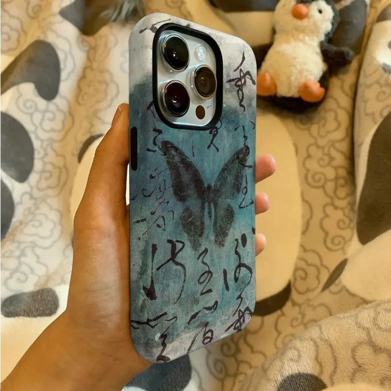 حافظة لهاتف آيفون 16 15 14 11 12 13 Pro Max Plus من الفن الشرقي مستوحاة من الفراشة والخط