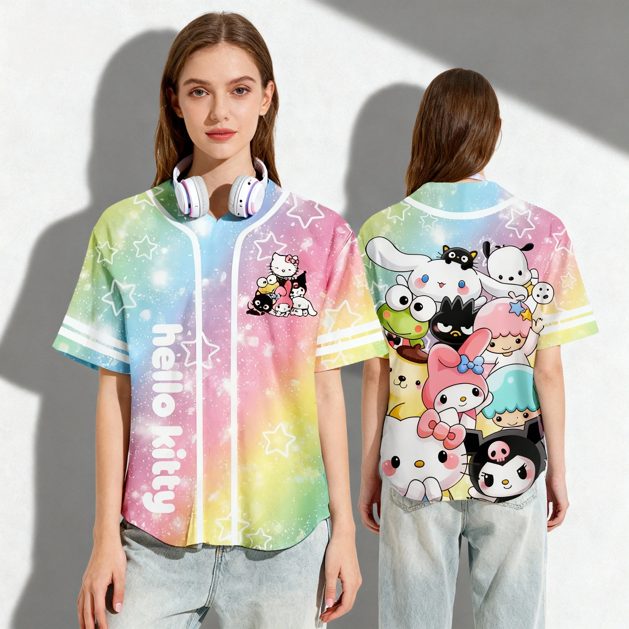 سانريو المشجعين ميلودي كورومي النمط الرياضي الأمريكي الحلو وبارد تيشيرت صيفي المتضخم الرجال والنساء بلايز رياضية الكبار