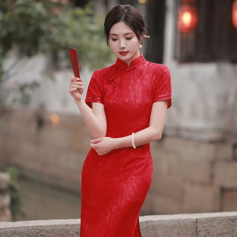 Elegant Summer Wine Red Lace Cheongsam Toast Bride Engagement Clothing Retro Party Qipao Chinese Style Wedding Dress for Women