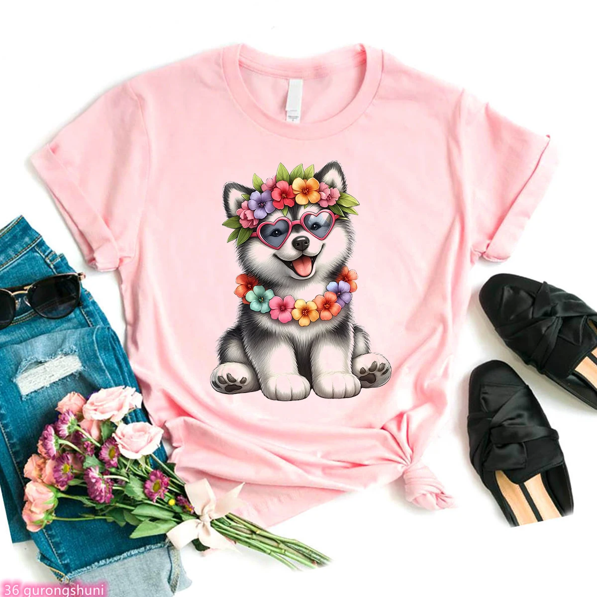 Camiseta feminina havaiana estampada para cachorro, blusa gráfica para cachorro, camisa branca de manga curta, roupa casual, verão