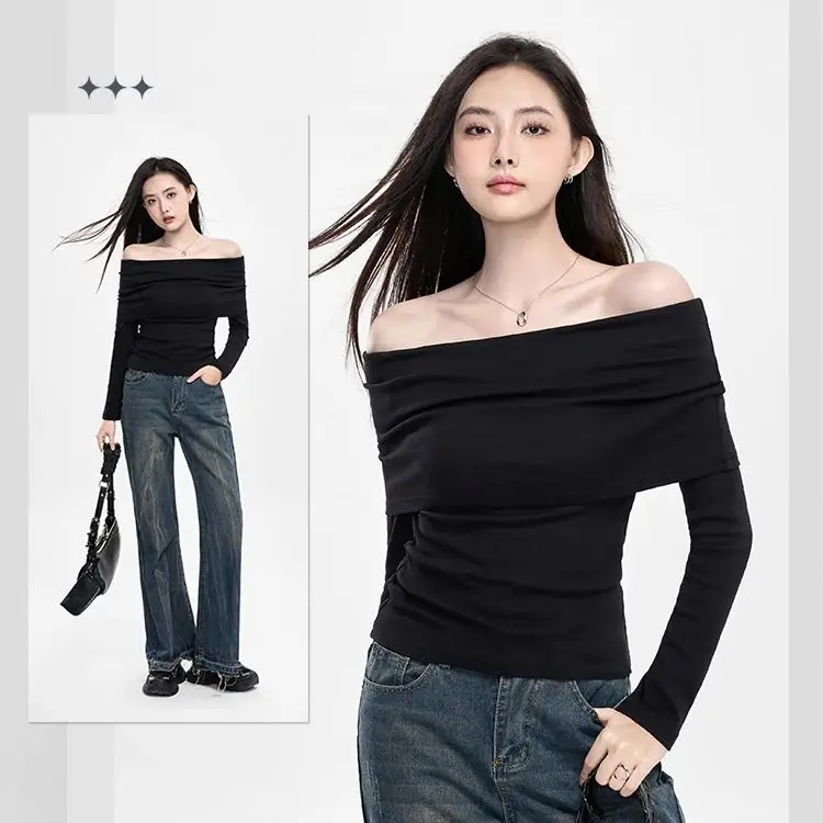 One- Shoulder Black Strapless Bottom Women Autumn Winter Long Sleeve Knitted Thread Slim Slimming Top Slim Soft