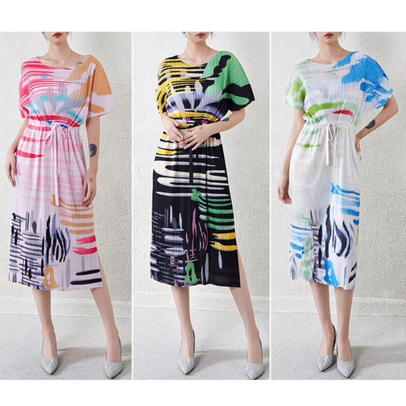 

Miyake Folds 2026 Spring and Summer Round Neck Slim Printed Dress Women's Fashion Bat Sleeve Tie Waist Long Dresses Pleated