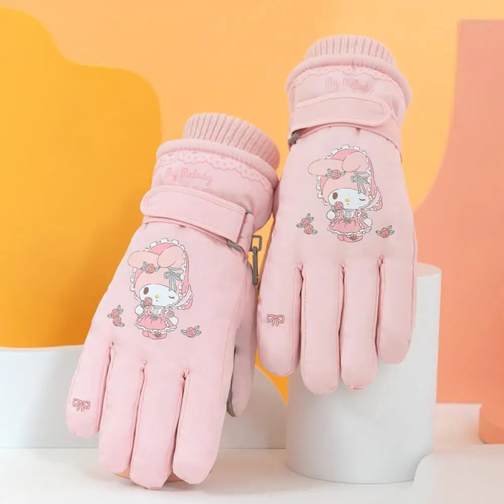 Sanrioed Kawaii My Melody Plush Ski Gloves Kuromi Cinnamoroll Touch Screen Anime Winter Thicken Warm Gloves Water Proof Gift