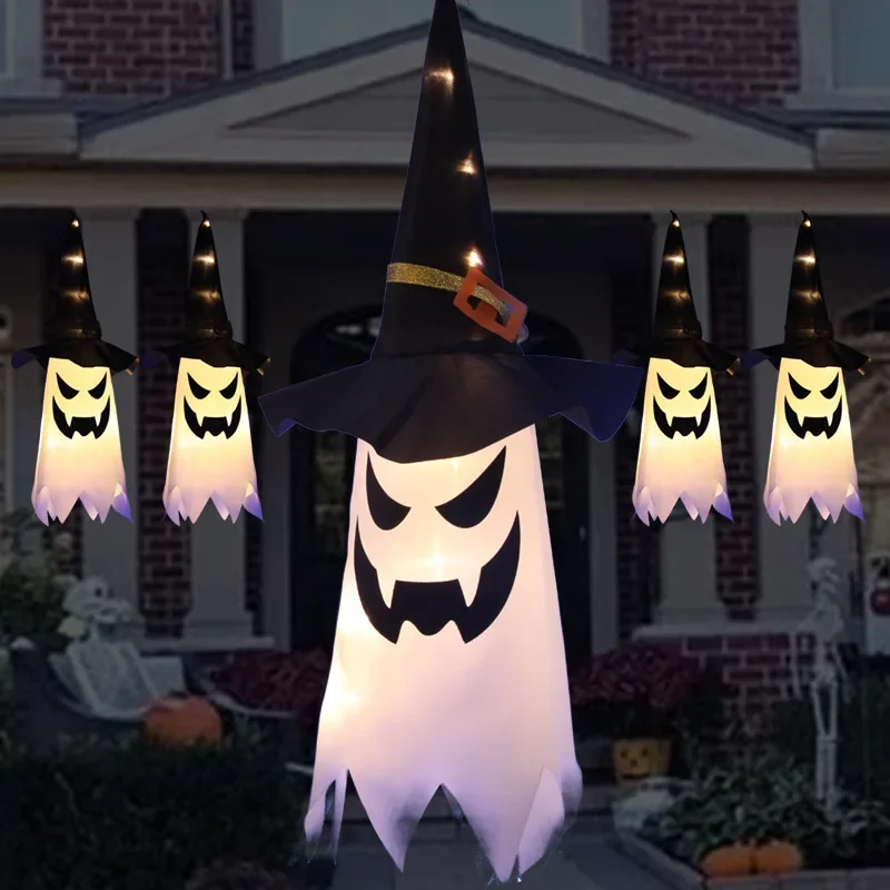 Halloween Glowing Witch Hat LED Lights Hanging Ghost Decorative Props Halloween Theme Lights Outdoor Hanging Decorations