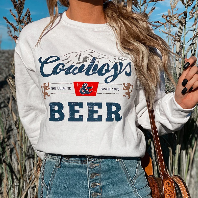 

Hahayule Cowboys Beer Funny Drinking Sweatshirt Autumn Women Vintage Western Country Music Tee Cowgirl Rodeo Graphic Boho Top