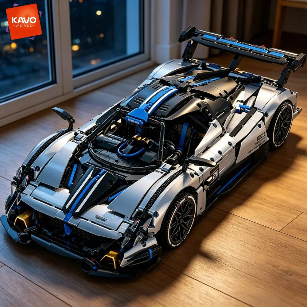 KAVOWORLD 3526pcs Silver Blue Super Sports Car Building Blocks Set 1:8 MOC DIY Assembly Race Car Model Brick STEM Construction Toy Home Decor Ornament Vehicle Display Mechanical Simulation Racing Brick Car Birthday Christmas Gift for Teens view 3