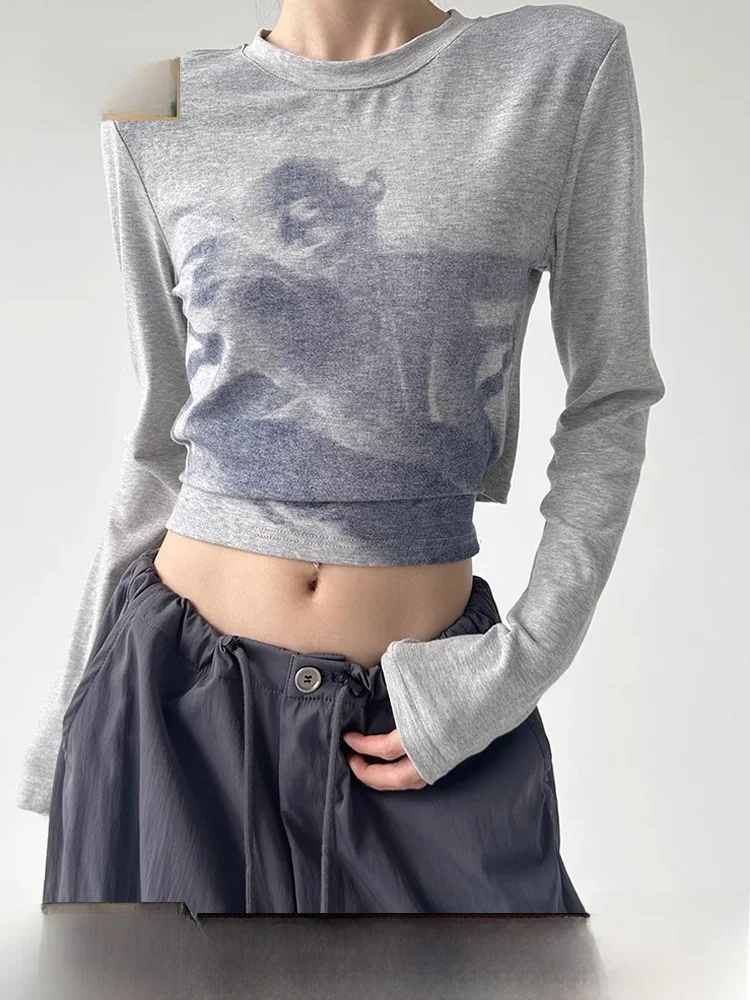 

NZNB American Sle Long Sve T-irt Women's ey Print Top Vintage Versatile Slim Fit ort Length Faionable Autumn Wear