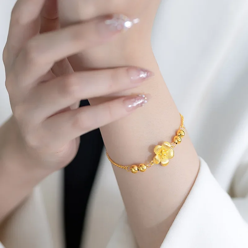 9999 Real Gold 24K Niche Premium Gold Flower Women's Bracelet Super Immortal Camellia Small Flower Fine Bracelet Jewelry