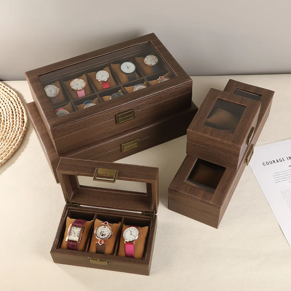 레트로 신상 갈색 나무결 가죽 시계 디스플레이 박스 방진 방습 친환경 PU 가죽 박스